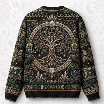 Raven Tree Of Life Sweater Full Moon Knotwork Green Knit back view