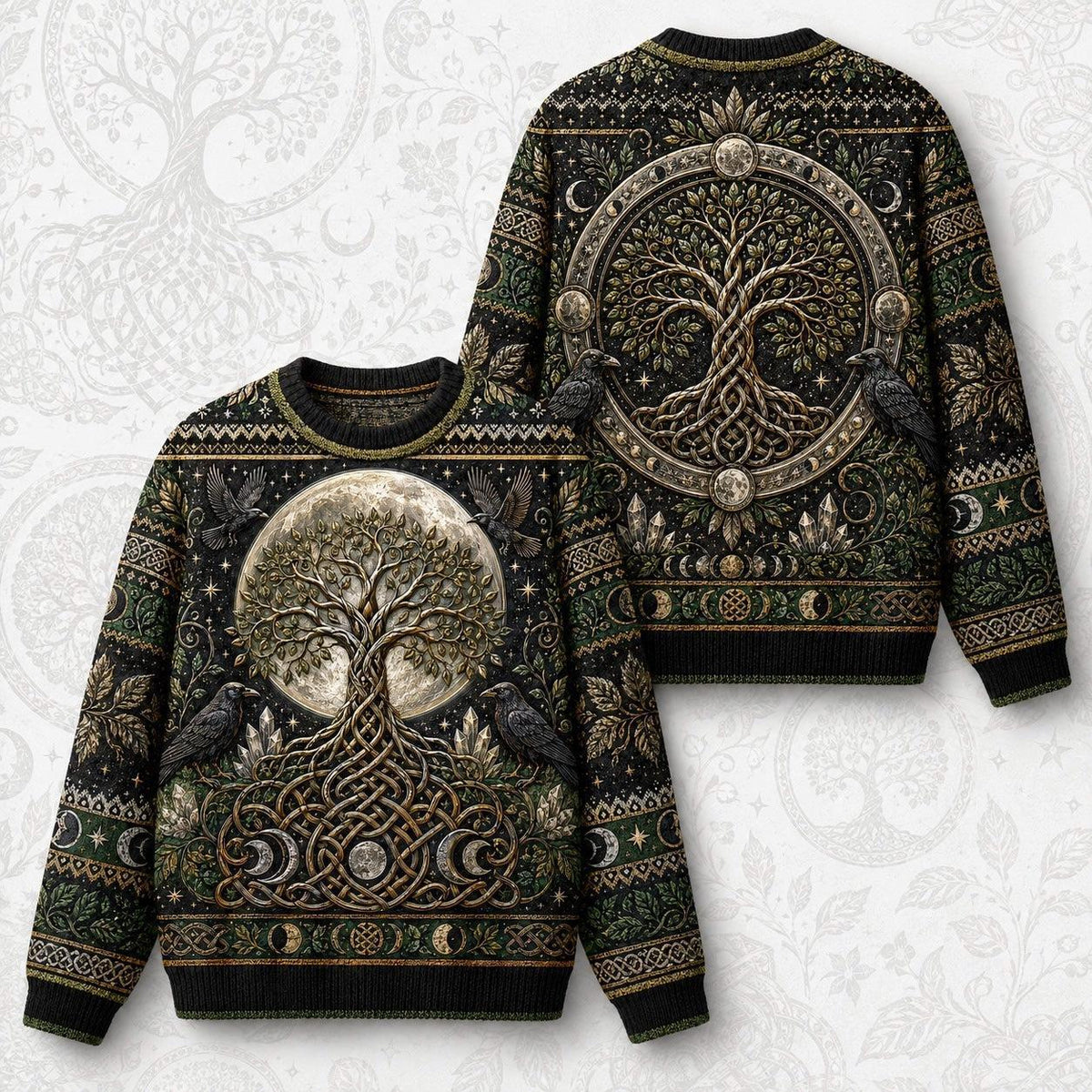 Raven Tree Of Life Sweater Full Moon Knotwork Green Knit front and back together