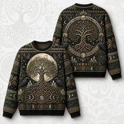 Raven Tree Of Life Sweater Full Moon Knotwork Green Knit front and back together