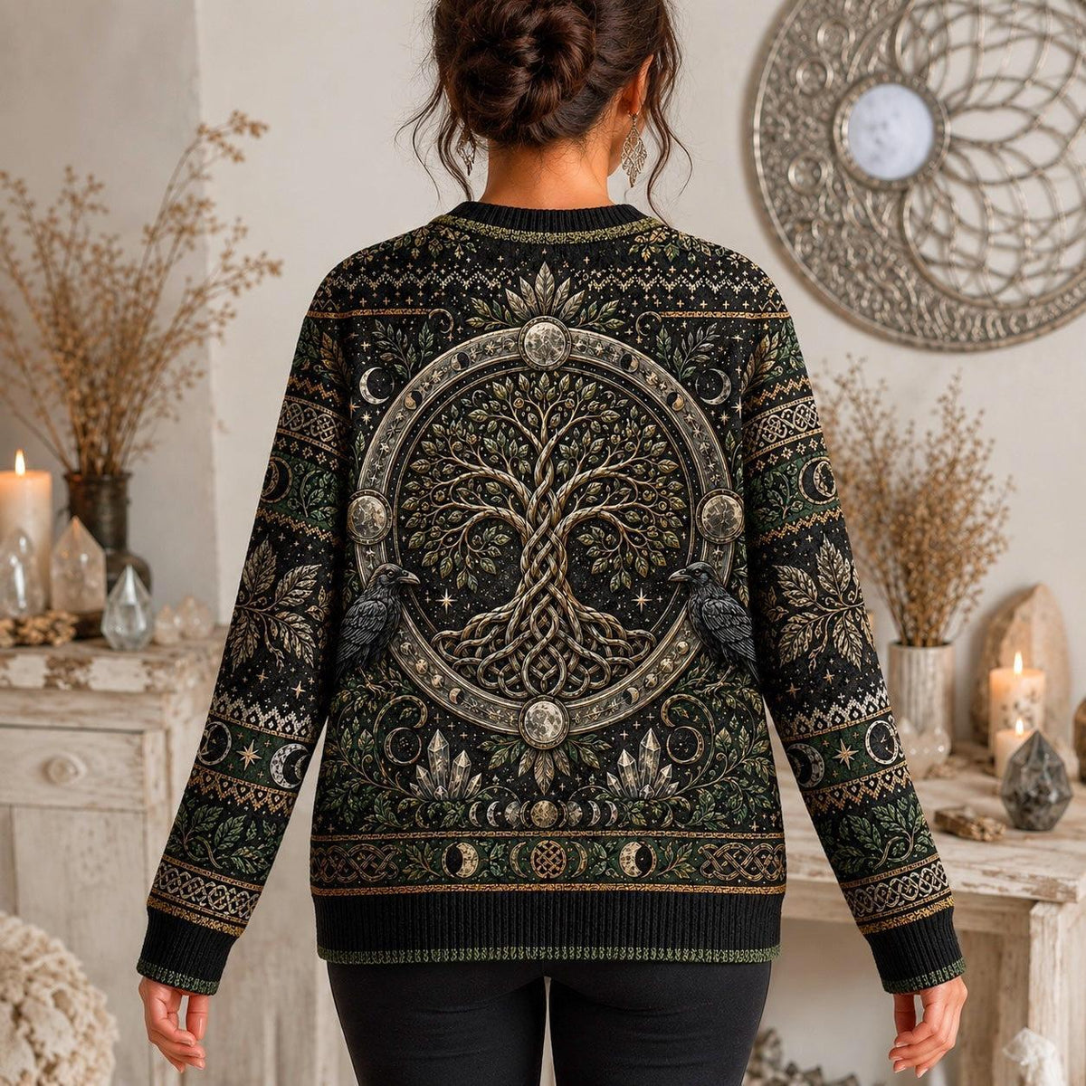 Raven Tree Of Life Sweater Full Moon Knotwork Green Knit worn, back view