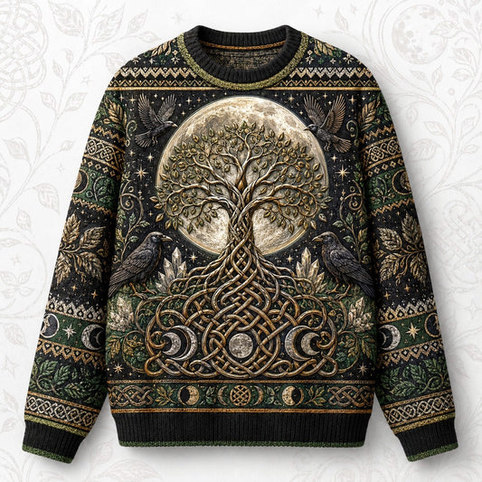 Raven Tree Of Life Sweater Full Moon Knotwork Green Knit front view