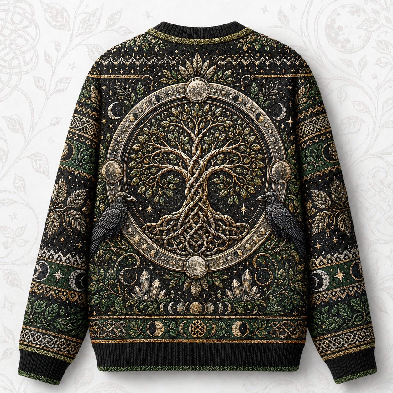 Raven Tree Of Life Sweater Full Moon Knotwork Green Knit back view