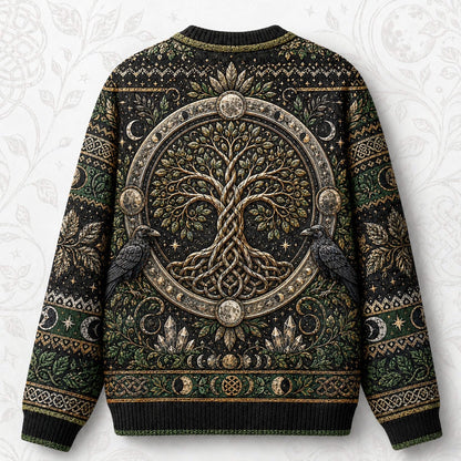 Raven Tree Of Life Sweater Full Moon Knotwork Green Knit back view