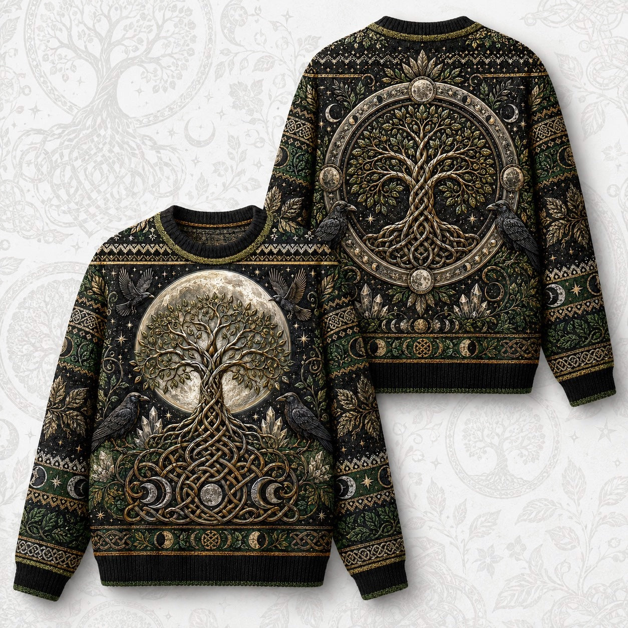 Raven Tree Of Life Sweater Full Moon Knotwork Green Knit front and back together