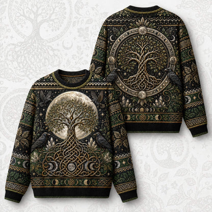 Raven Tree Of Life Sweater Full Moon Knotwork Green Knit front and back together