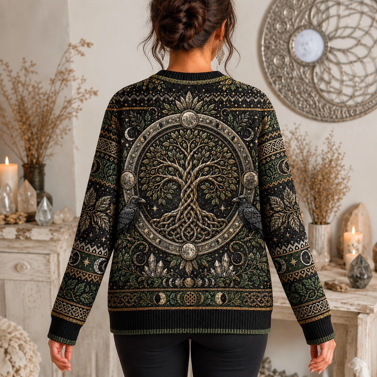 Raven Tree Of Life Sweater Full Moon Knotwork Green Knit worn, back view