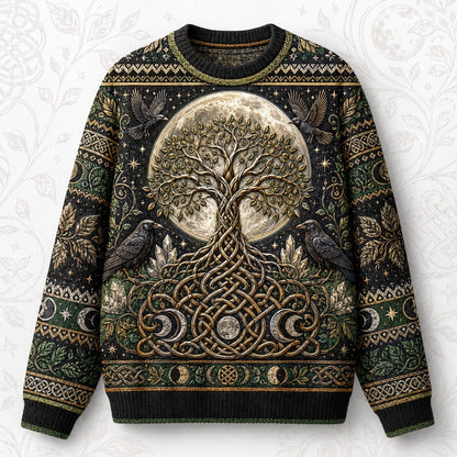 Raven Tree Of Life Sweater Full Moon Knotwork Green Knit front view
