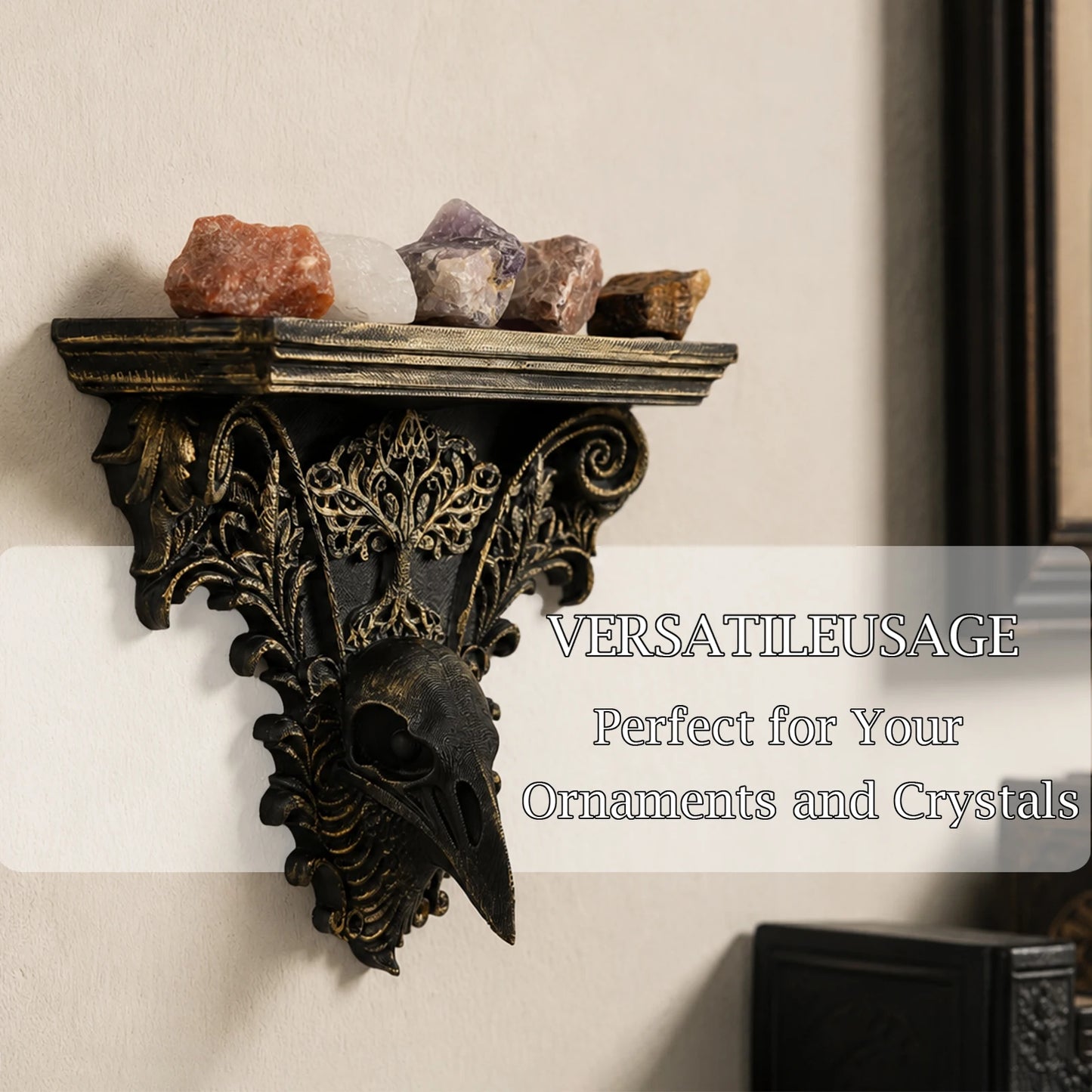 Gothic raven wall shelf – floating crystal display rack side view