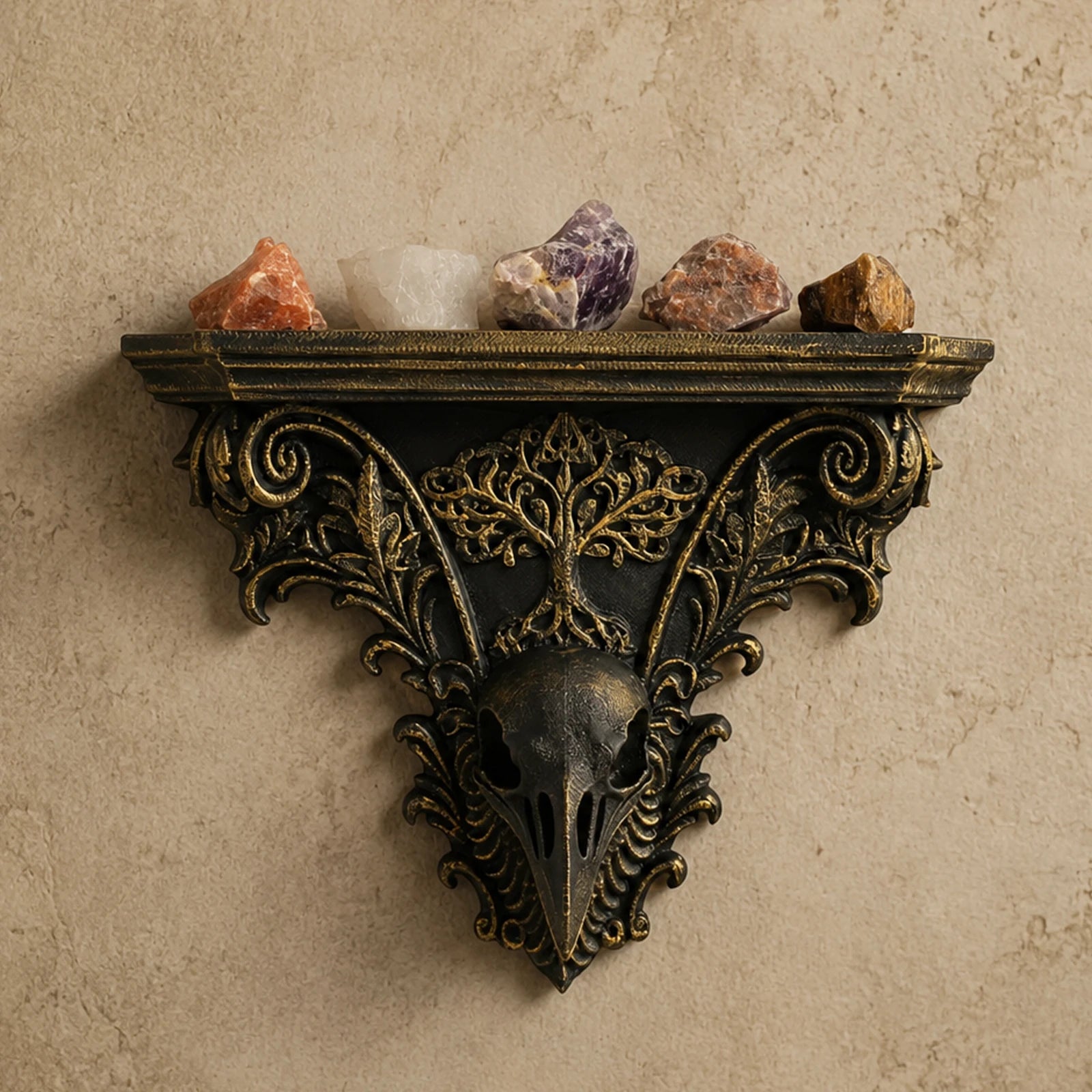 Raven tree of life wall shelf – gothic carved floating display shelf, front view