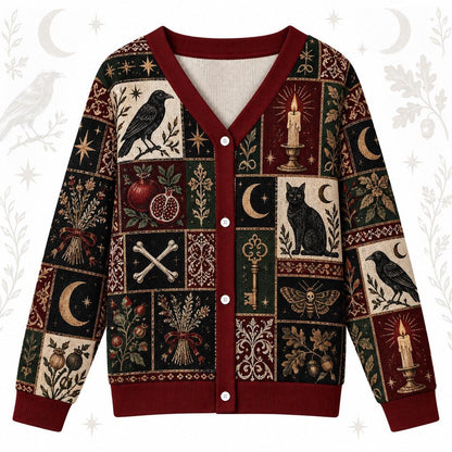 Raven Triple Moon Black Cat Samhain Cardigan for Women Red Patchwork, front view