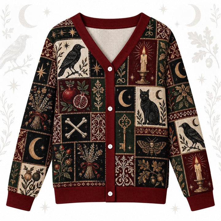 Raven Triple Moon Black Cat Samhain Cardigan for Women Red Patchwork, front view