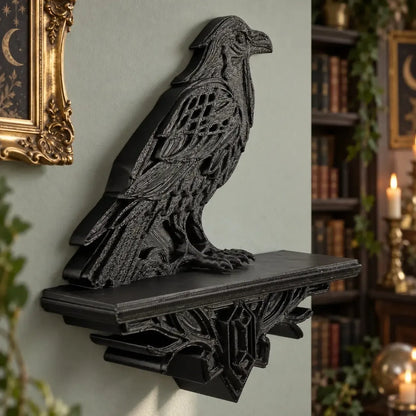 Raven wall shelf angled view showing feather relief and ledge