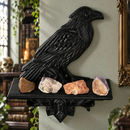 Raven wall shelf front view with small crystals on the ledge