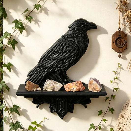 Raven wall shelf displaying small crystals against a light wall