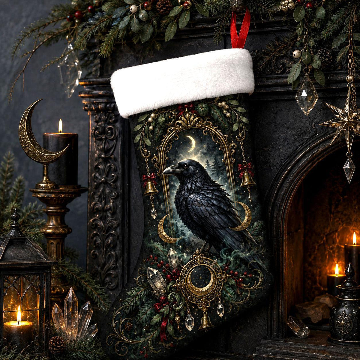 Raven Window Christmas Stocking Victorian Gothic Fireplace Decor, styled shot 3