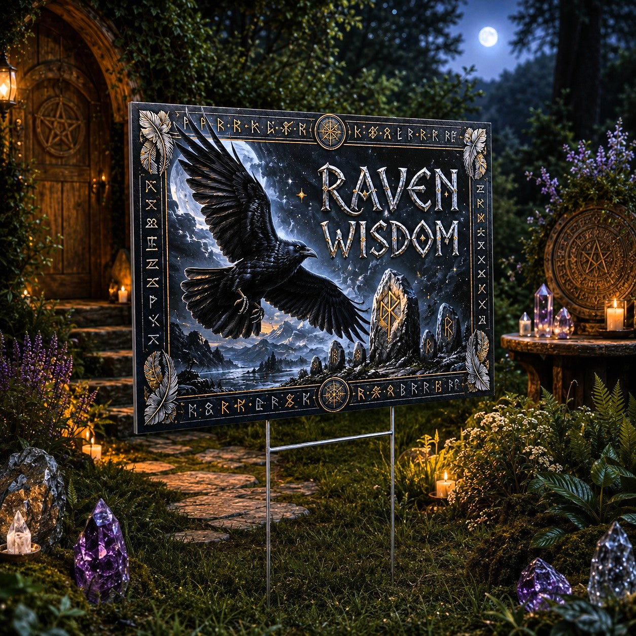 Raven Wisdom Black Raven Moon Wicca Yard Sign - garden display