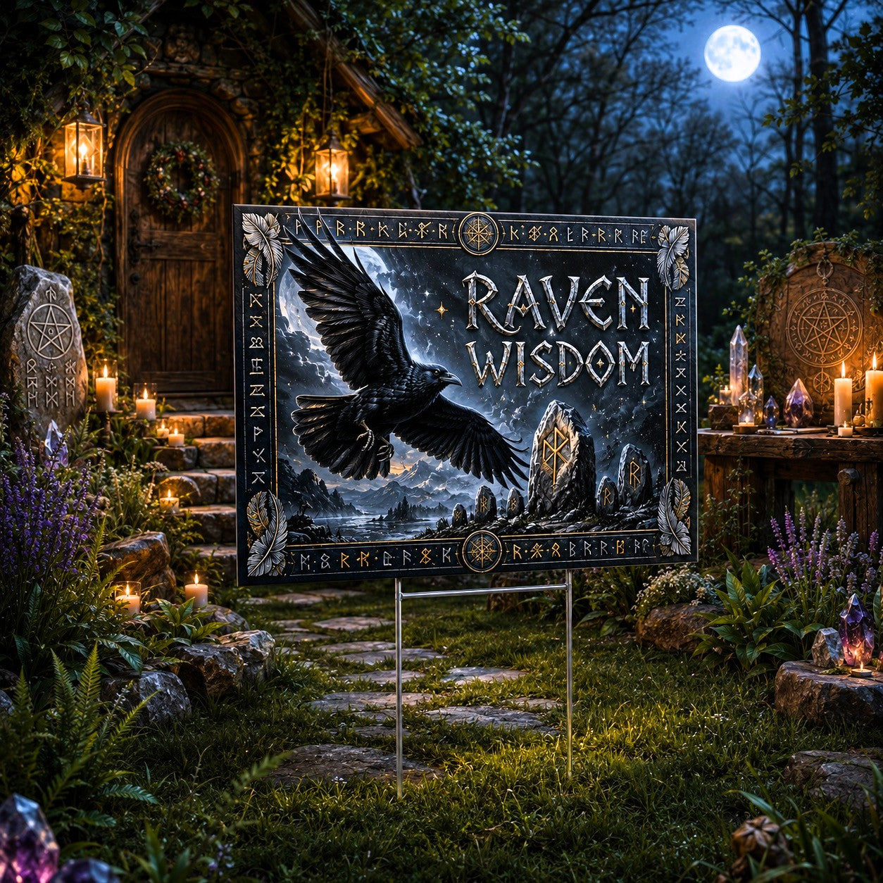 Raven Wisdom Black Raven Moon Wicca Yard Sign - porch scene