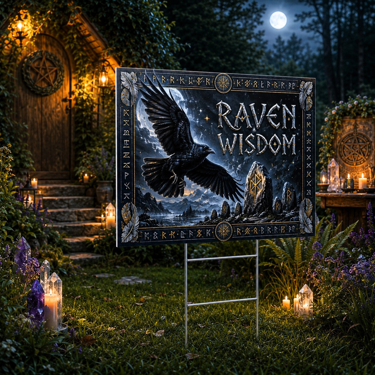Raven Wisdom Black Raven Moon Wicca Yard Sign - close up detail