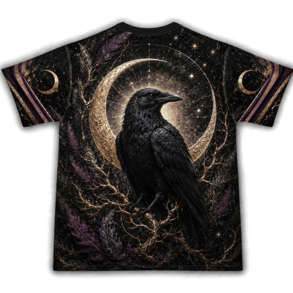 Raven Witch Gold Crescent T-Shirt Feather Moon Gothic Tee back view