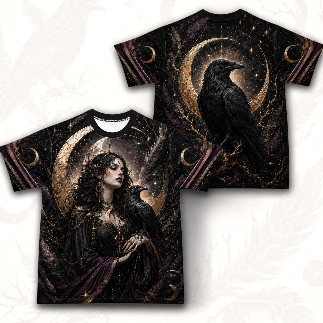 Raven Witch Gold Crescent T-Shirt Feather Moon Gothic Tee front and back together