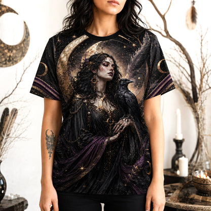 Raven Witch Gold Crescent T-Shirt Feather Moon Gothic Tee worn, front view