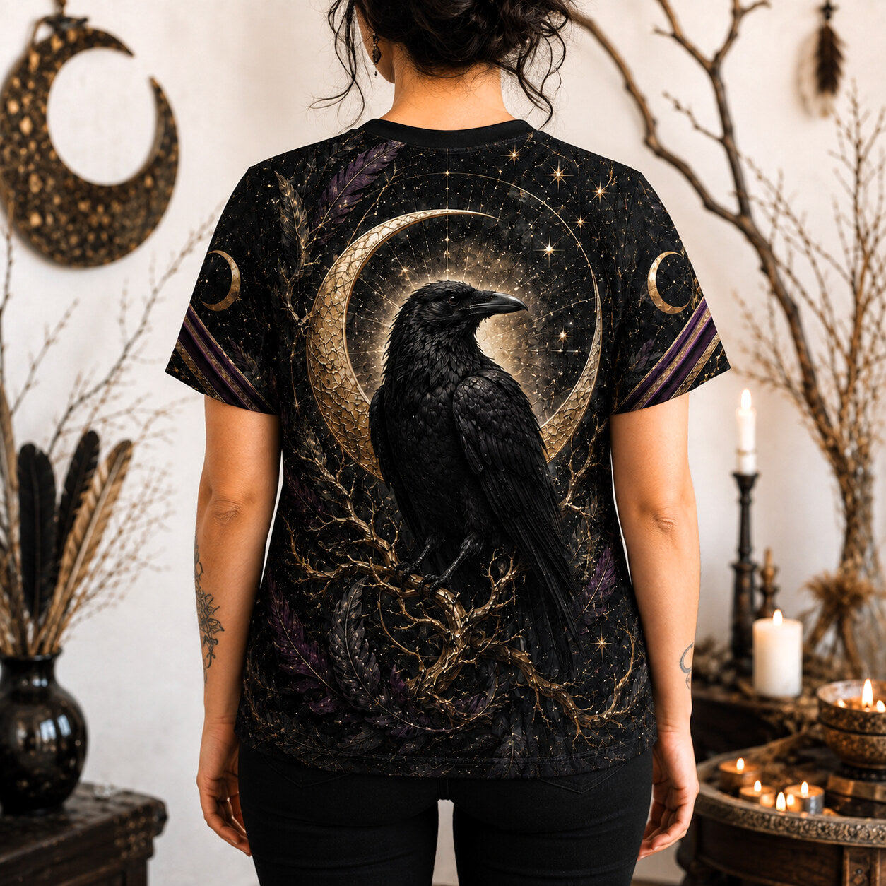 Raven Witch Gold Crescent T-Shirt Feather Moon Gothic Tee worn, back view