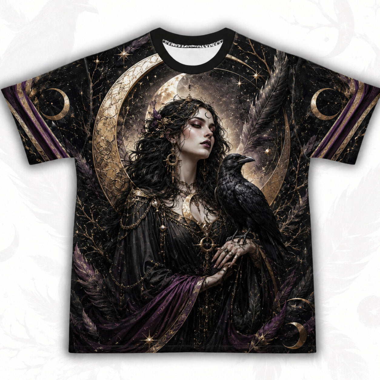 Raven Witch Gold Crescent T-Shirt Feather Moon Gothic Tee front view
