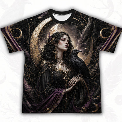 Raven Witch Gold Crescent T-Shirt Feather Moon Gothic Tee front view