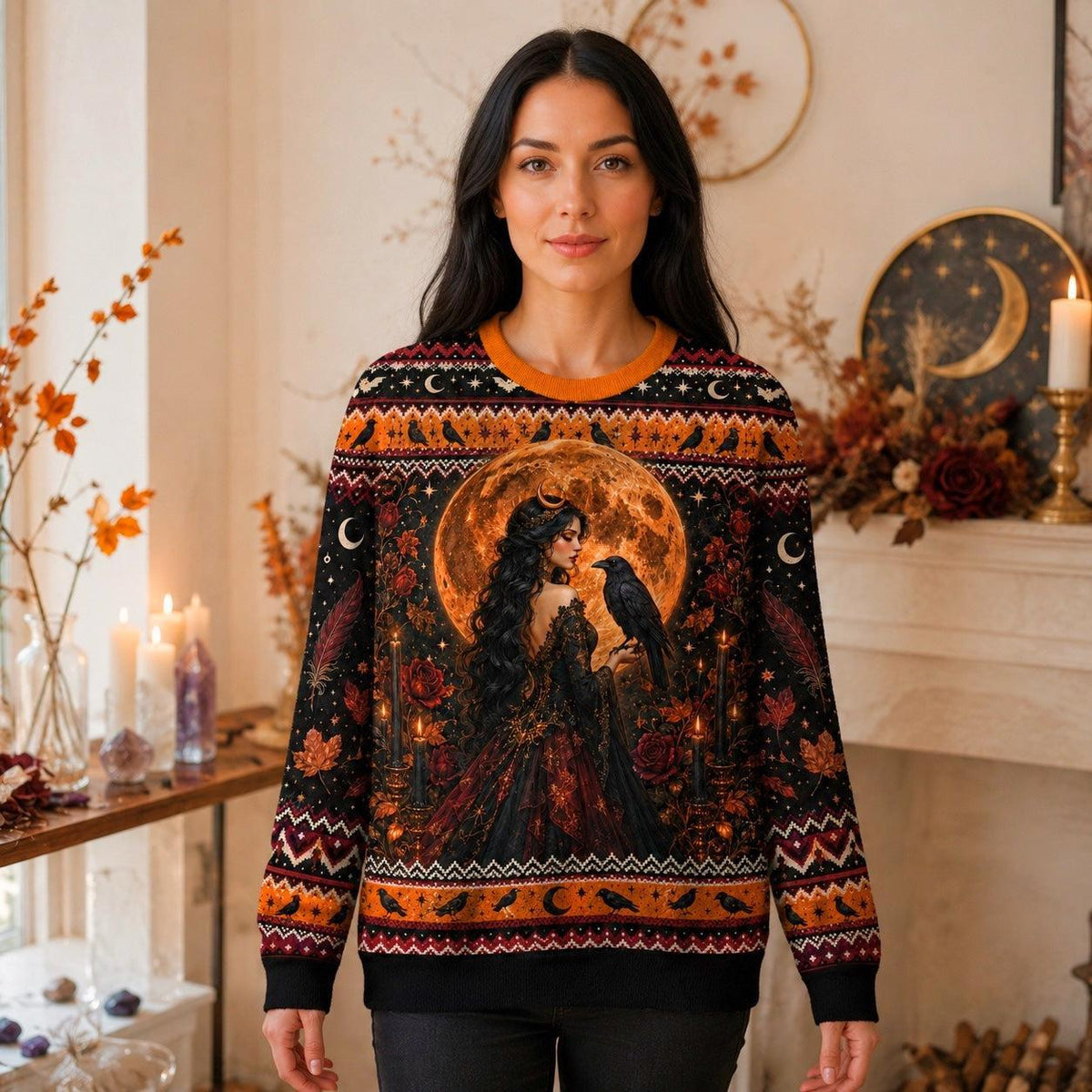 Raven Witch Sweater Harvest Moon Triple Moon Autumn Knit worn, front view