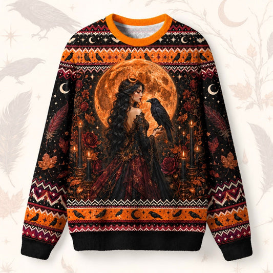 Raven Witch Sweater Harvest Moon Triple Moon Autumn Knit front view