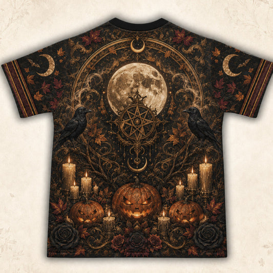 Pumpkin Throne Witch T-Shirt Raven Candle Halloween Gothic Tee back view