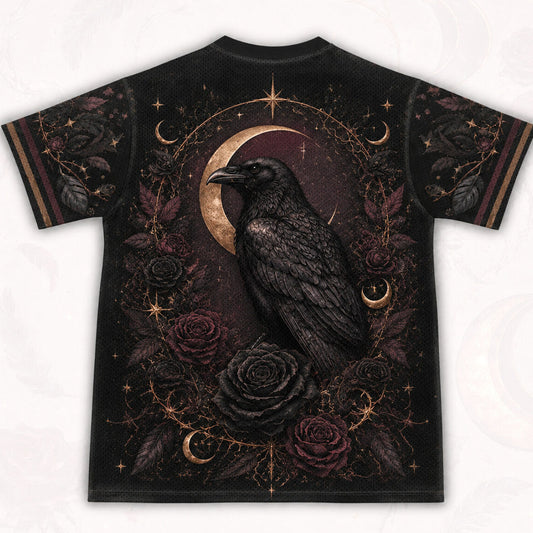 Raven Witch Red Gown T-Shirt Black Rose Crescent Gothic Tee back view