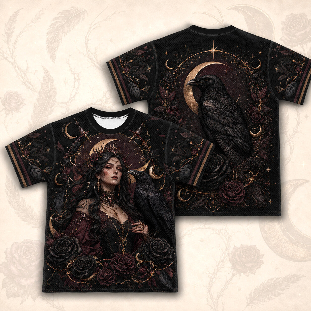 Raven Witch Red Gown T-Shirt Black Rose Crescent Gothic Tee front and back together