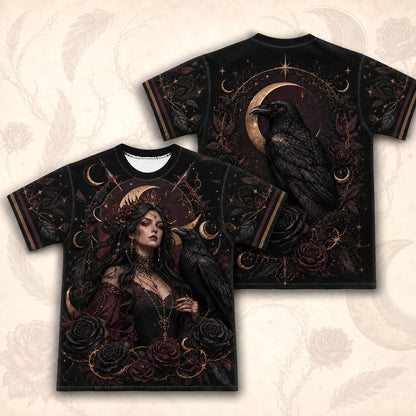 Raven Witch Red Gown T-Shirt Black Rose Crescent Gothic Tee front and back together