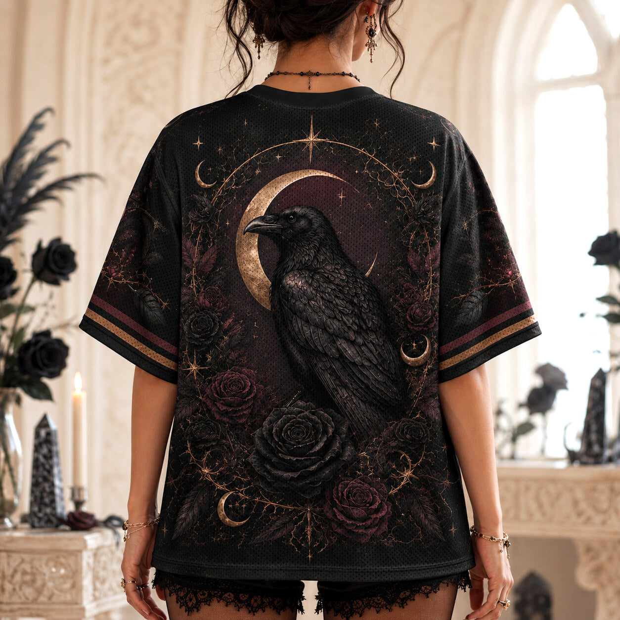 Raven Witch Red Gown T-Shirt Black Rose Crescent Gothic Tee worn, back view