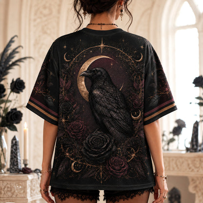 Raven Witch Red Gown T-Shirt Black Rose Crescent Gothic Tee worn, back view