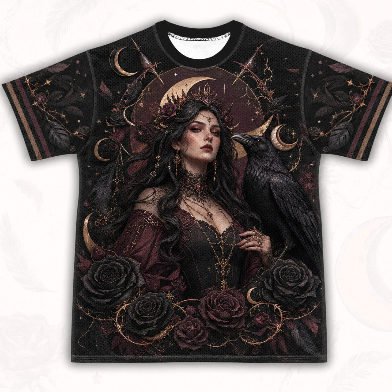 Raven Witch Red Gown T-Shirt Black Rose Crescent Gothic Tee front view