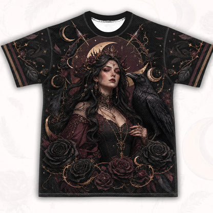 Raven Witch Red Gown T-Shirt Black Rose Crescent Gothic Tee front view