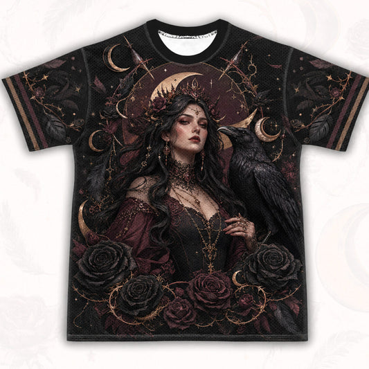 Raven Witch Red Gown T-Shirt Black Rose Crescent Gothic Tee front view