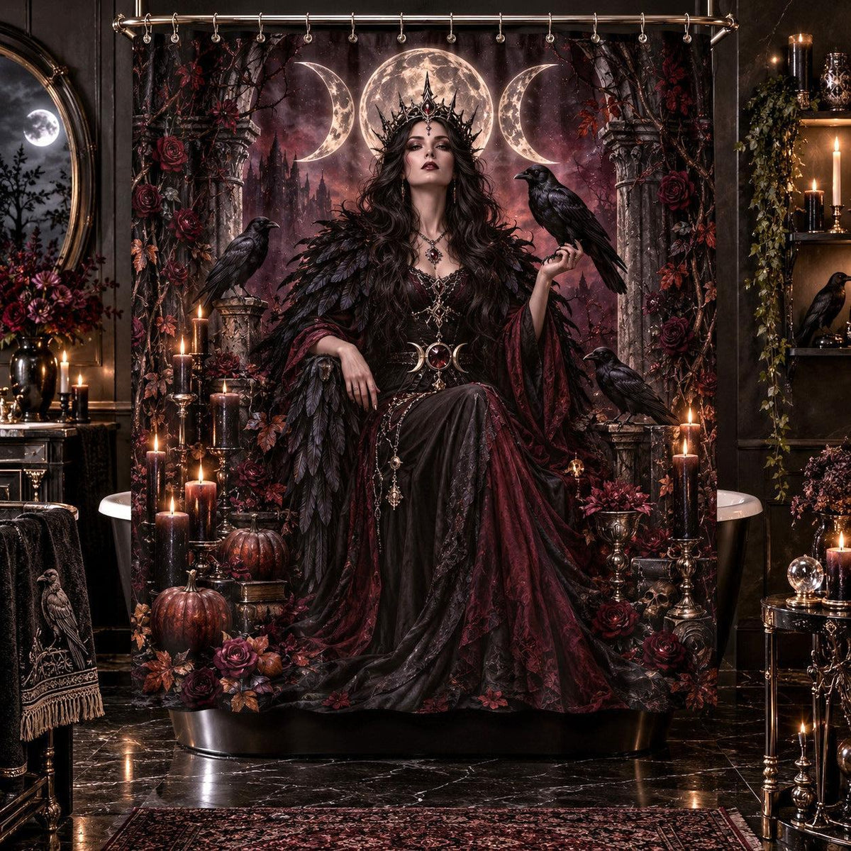Raven Witch Shower Curtain - Samhain Gothic Goddess Decor
