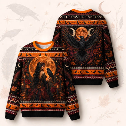 Raven Witch Sweater Harvest Moon Triple Moon Autumn Knit front and back together