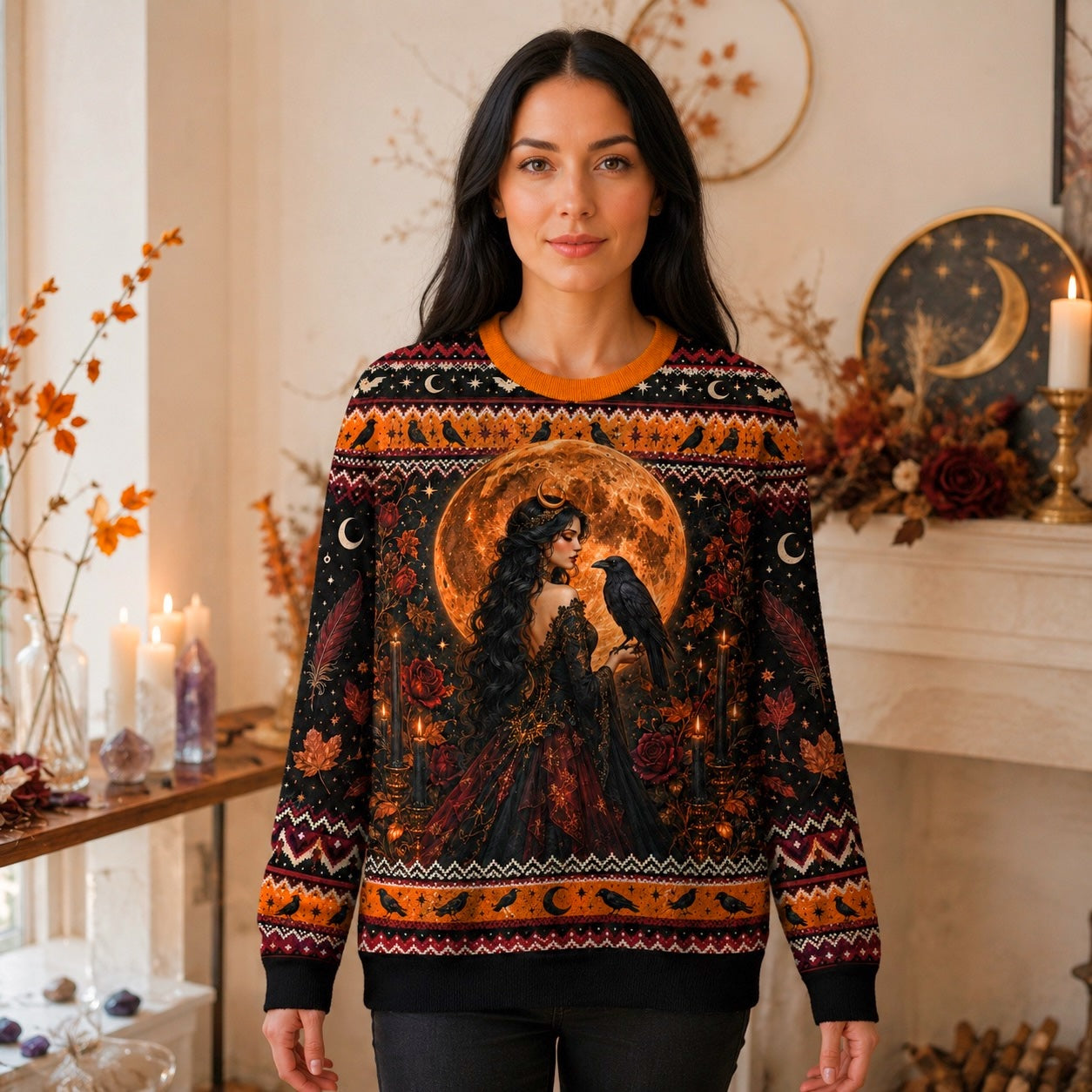 Raven Witch Sweater Harvest Moon Triple Moon Autumn Knit worn, front view