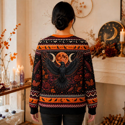 Raven Witch Sweater Harvest Moon Triple Moon Autumn Knit worn, back view