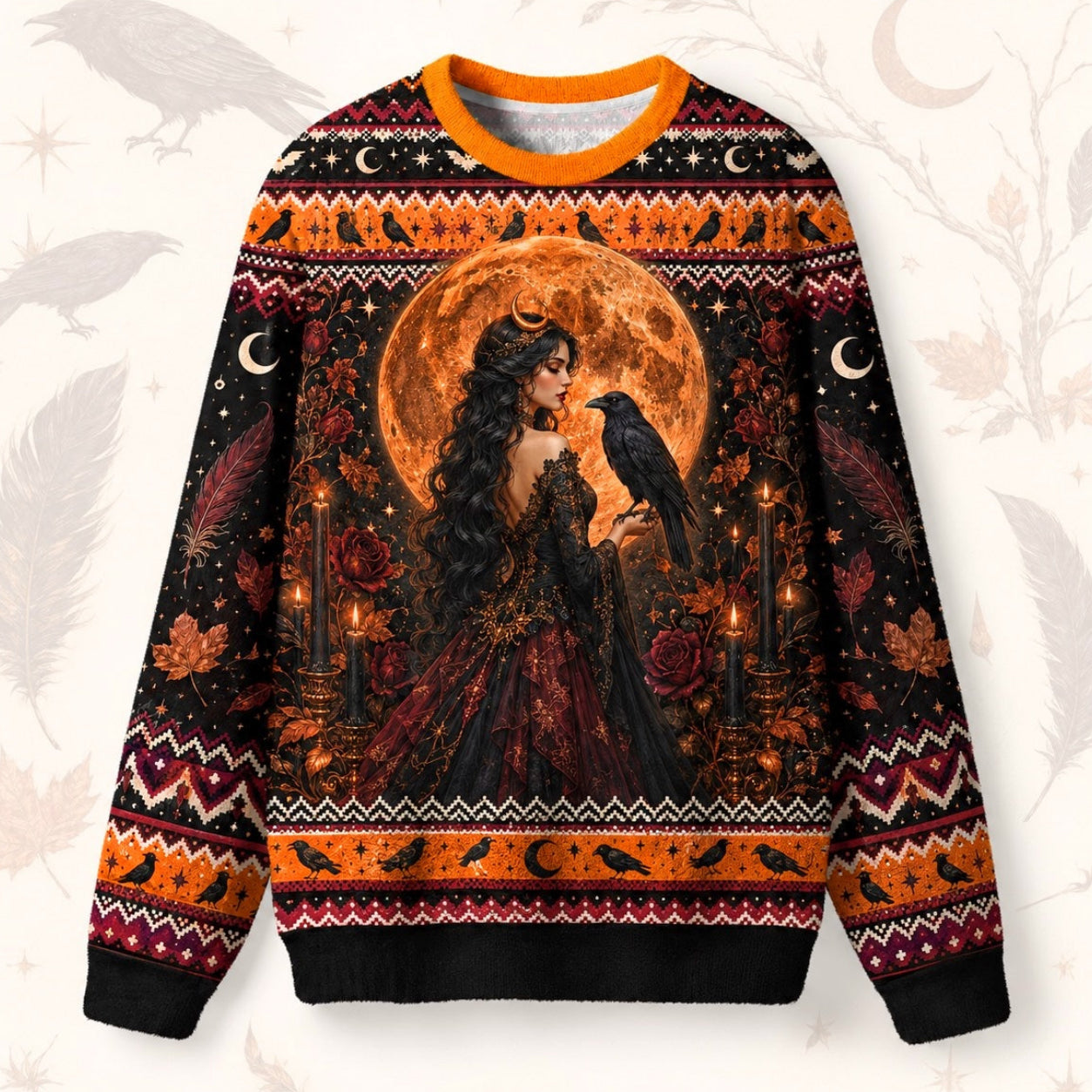 Raven Witch Sweater Harvest Moon Triple Moon Autumn Knit front view