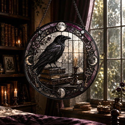 Raven and Old Books Glass Suncatcher - sunlight glow