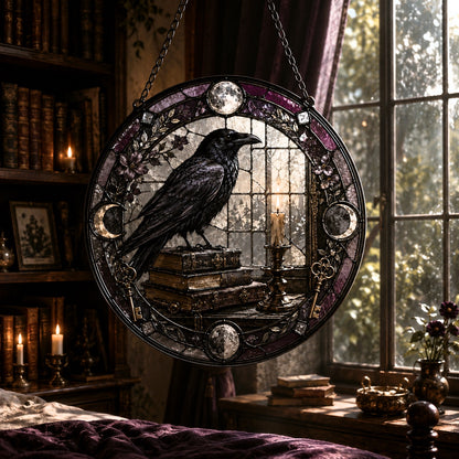 Raven and Old Books Glass Suncatcher - sunlight glow
