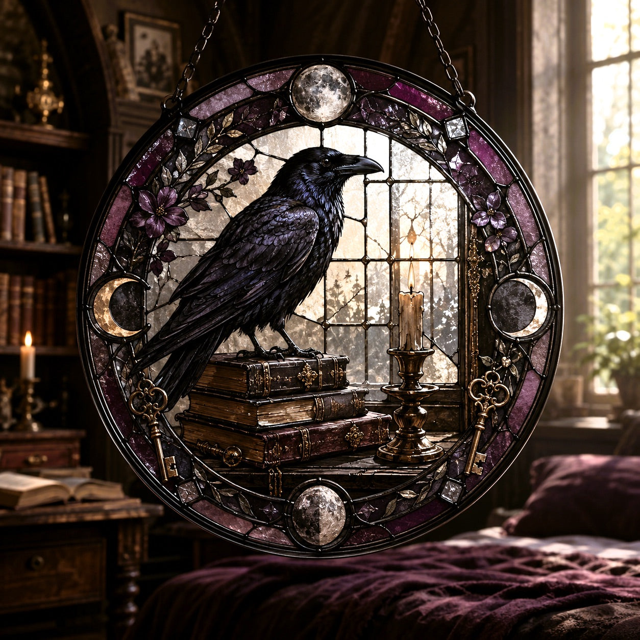 Raven and Old Books Glass Suncatcher - window display
