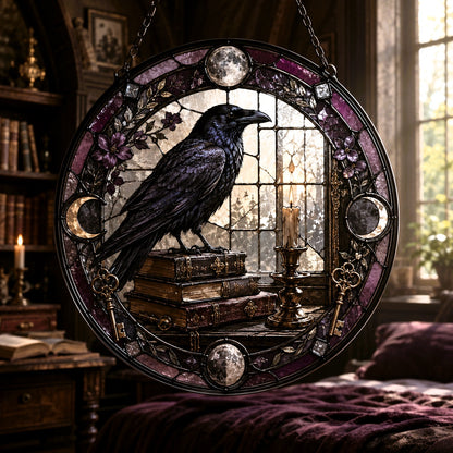 Raven and Old Books Glass Suncatcher - window display
