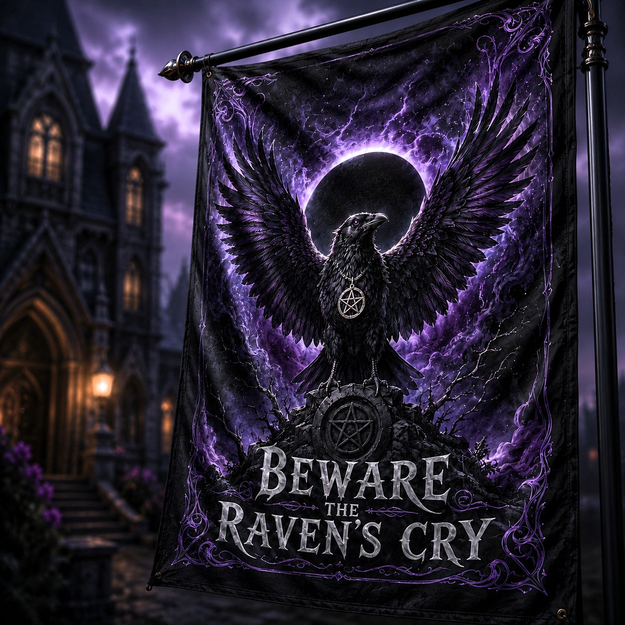 Raven of the Dark Moon house flag displayed outdoors on a garden flag stand