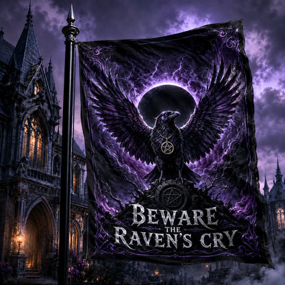 Raven of the Dark Moon house flag with Beware the Ravens Cry pagan gothic design